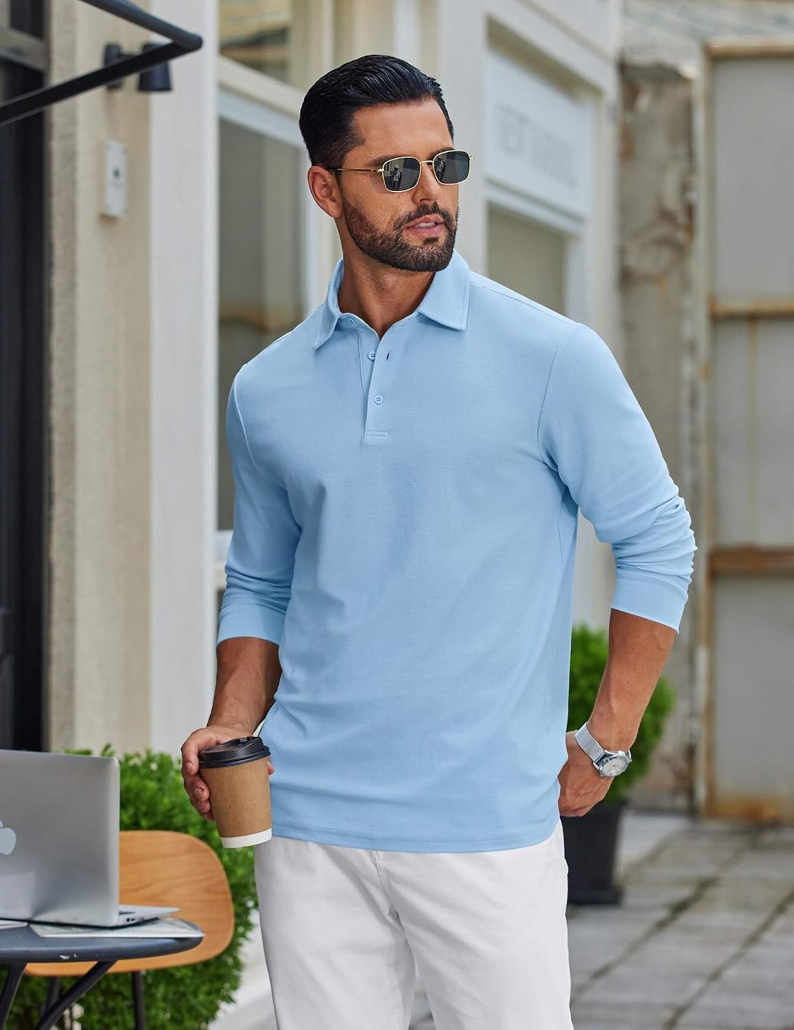 image:imageCOOFANDY Mens Long Sleeve Polo Shirts Classic Cotton Pique Polo ShirtsLight Blue
