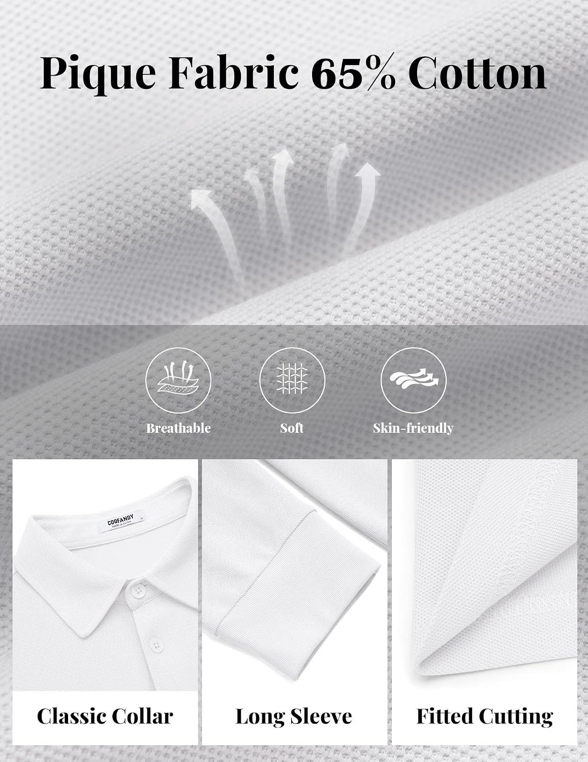 image:imageCOOFANDY Mens Long Sleeve Polo Shirts Classic Cotton Pique Polo ShirtsWhite
