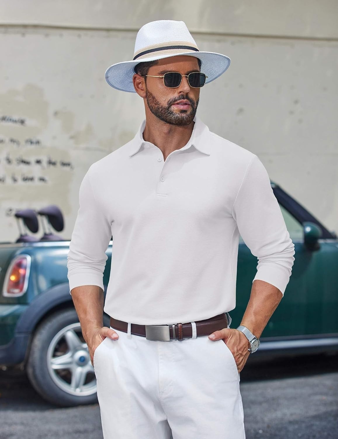 image:imageCOOFANDY Mens Long Sleeve Polo Shirts Classic Cotton Pique Polo ShirtsWhite