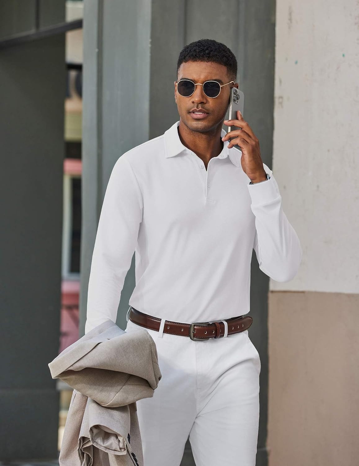 image:imageCOOFANDY Mens Long Sleeve Polo Shirts Classic Cotton Pique Polo ShirtsWhite