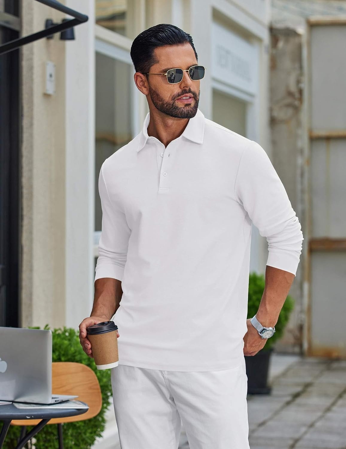 image:imageCOOFANDY Mens Long Sleeve Polo Shirts Classic Cotton Pique Polo ShirtsWhite