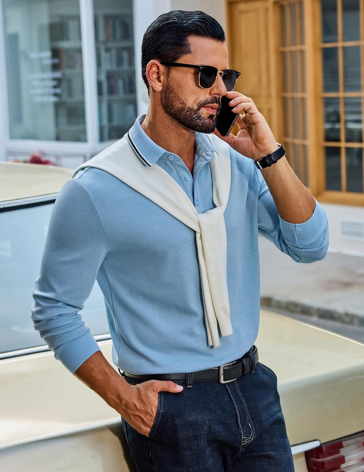 image:imageCOOFANDY Mens Long Sleeve Polo Shirts Cotton Casual Polos Button Tee ShirtLight Blue