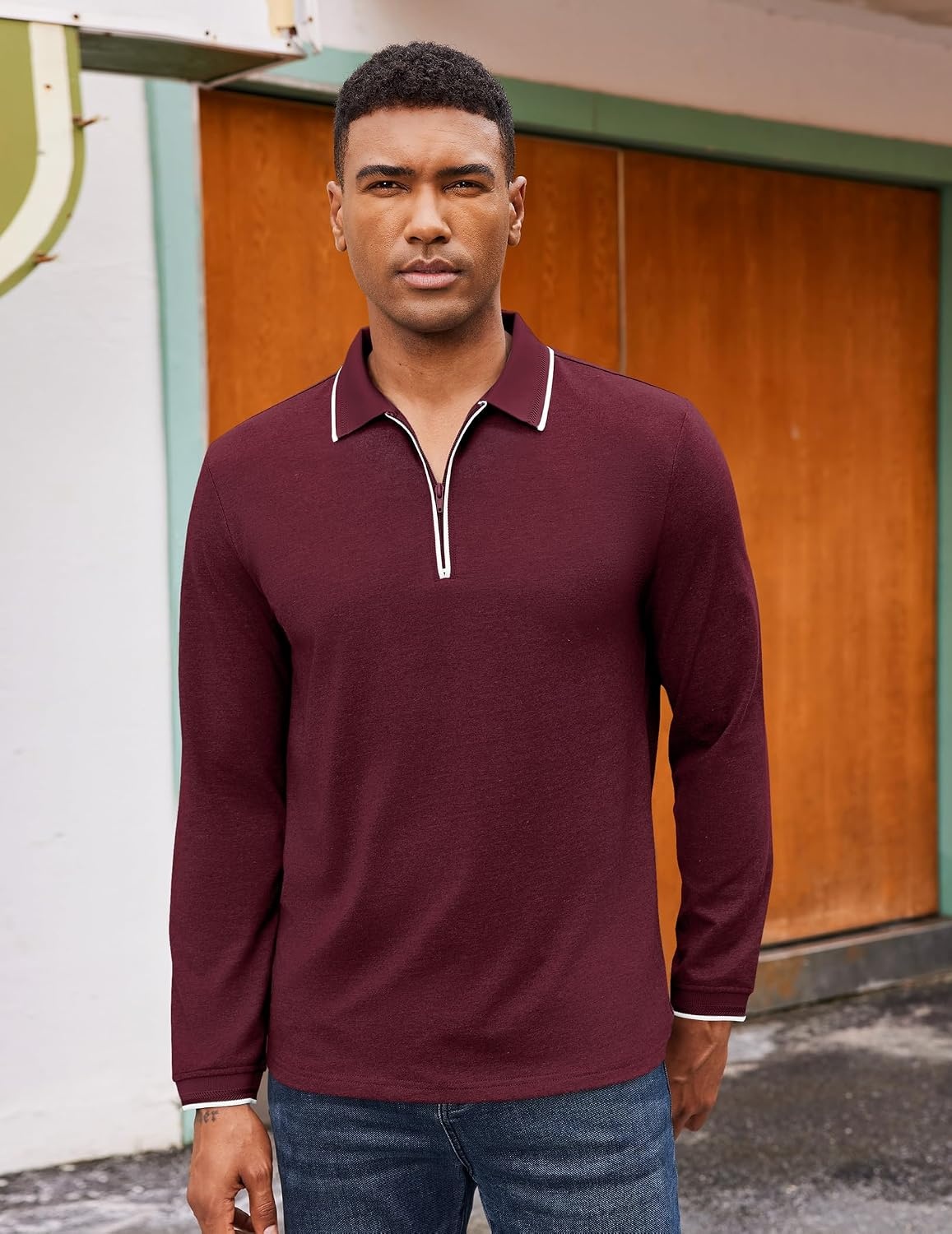 image:imageCOOFANDY Mens Long Sleeve Polo Shirts Cotton Quarter Zip Pullover ShirtWine Red