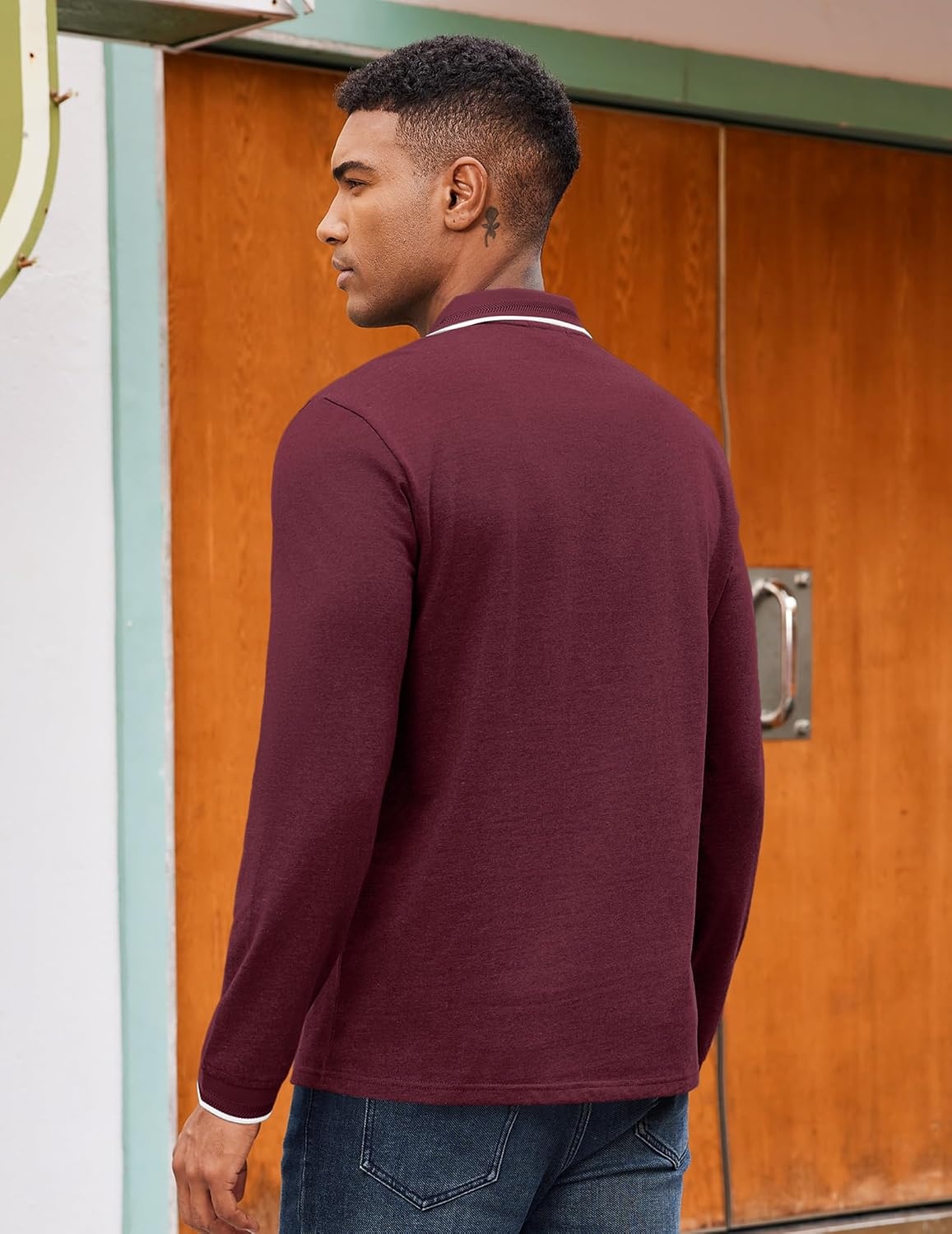 image:imageCOOFANDY Mens Long Sleeve Polo Shirts Cotton Quarter Zip Pullover ShirtWine Red