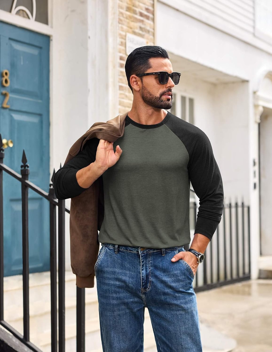 image:imageCOOFANDY Mens Long Sleeve Tee Shirts Casual Crewneck Raglan TShirts Stretchy Baseball Pullover Tee02 Deep Military Green