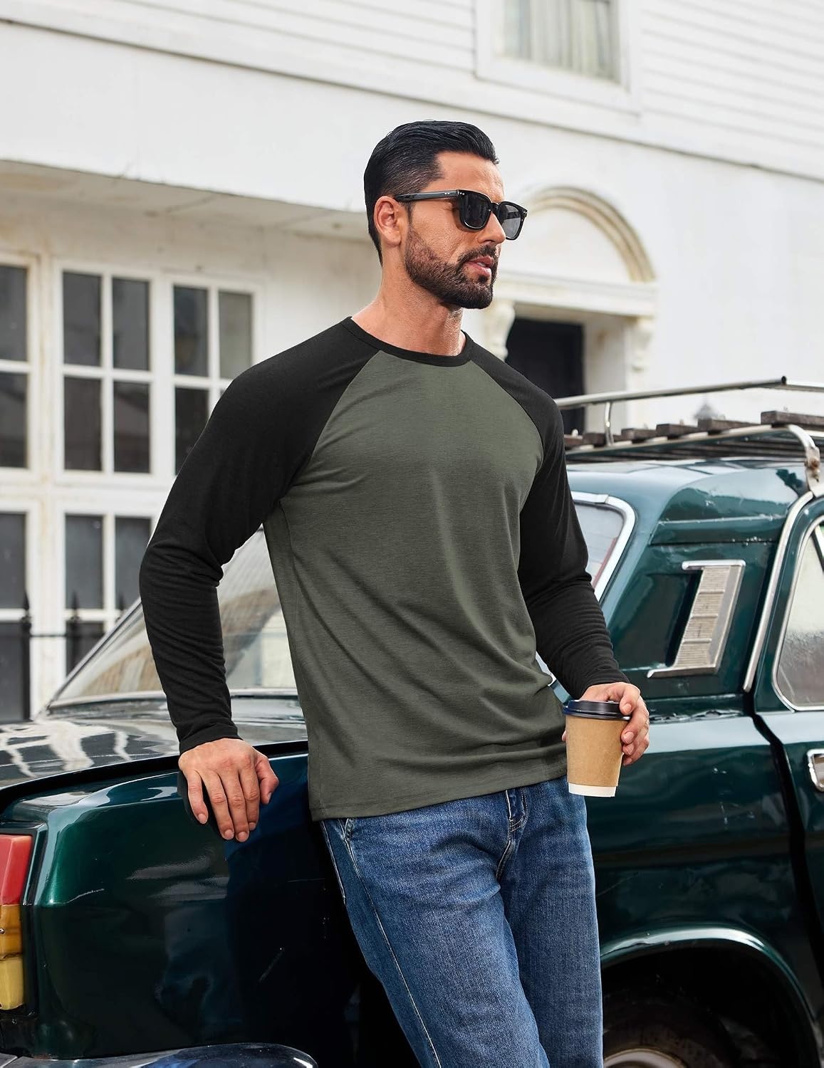 image:imageCOOFANDY Mens Long Sleeve Tee Shirts Casual Crewneck Raglan TShirts Stretchy Baseball Pullover Tee02 Deep Military Green