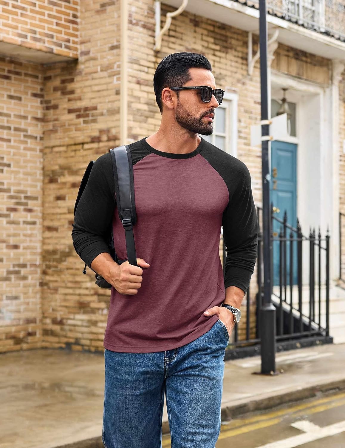 image:imageCOOFANDY Mens Long Sleeve Tee Shirts Casual Crewneck Raglan TShirts Stretchy Baseball Pullover TeeJujube Red