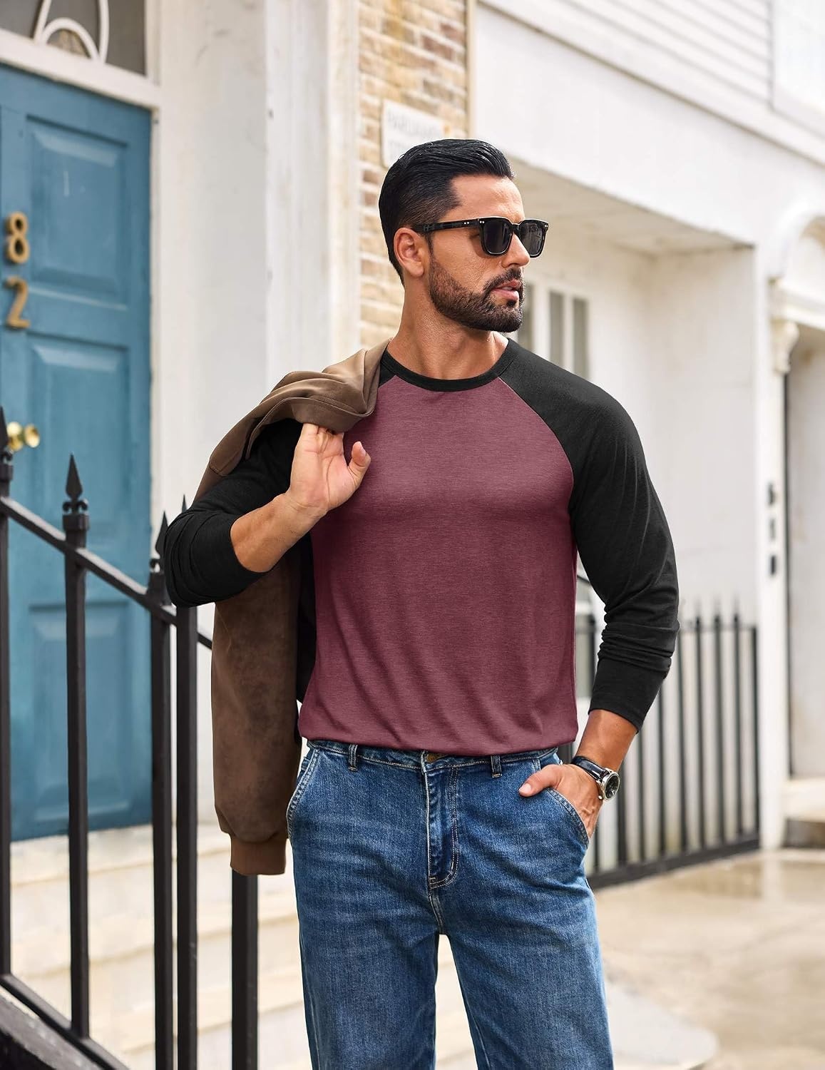 image:imageCOOFANDY Mens Long Sleeve Tee Shirts Casual Crewneck Raglan TShirts Stretchy Baseball Pullover TeeJujube Red