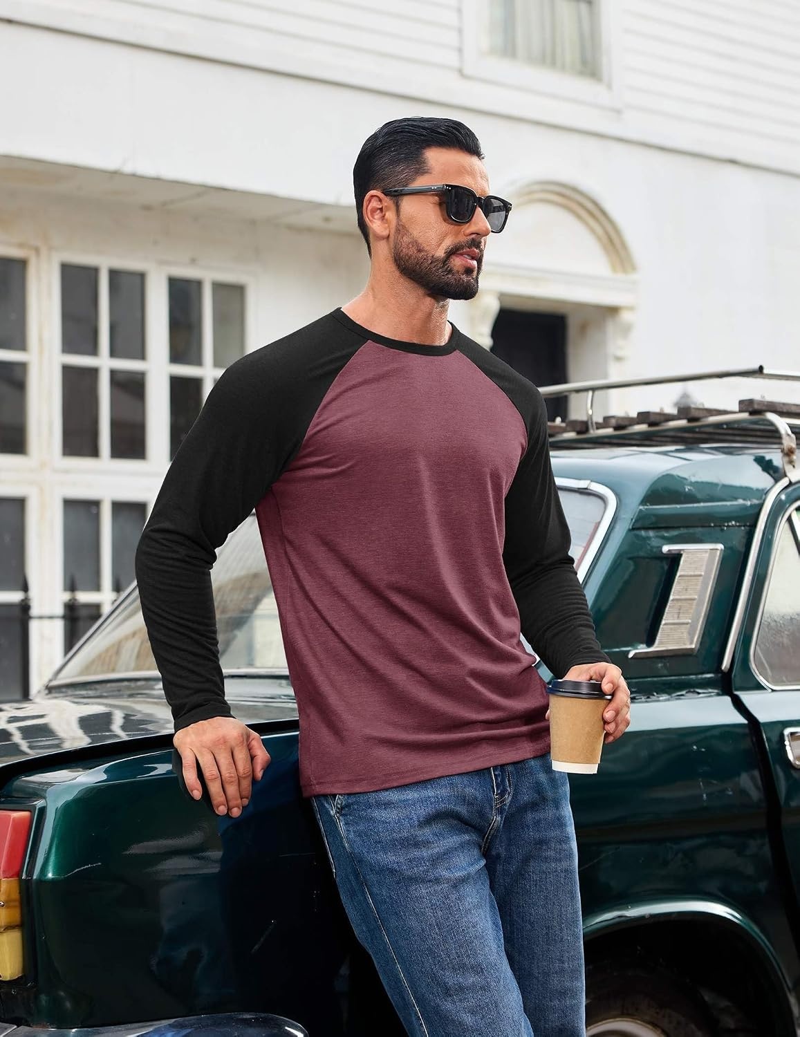 image:imageCOOFANDY Mens Long Sleeve Tee Shirts Casual Crewneck Raglan TShirts Stretchy Baseball Pullover TeeJujube Red