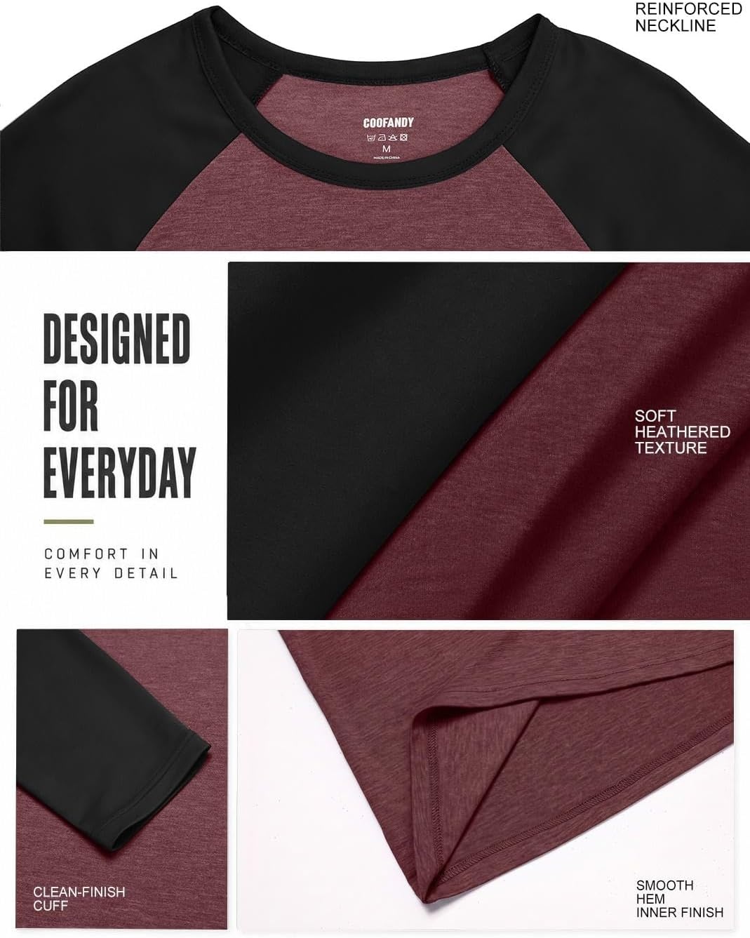 image:imageCOOFANDY Mens Long Sleeve Tee Shirts Casual Crewneck Raglan TShirts Stretchy Baseball Pullover TeeJujube Red