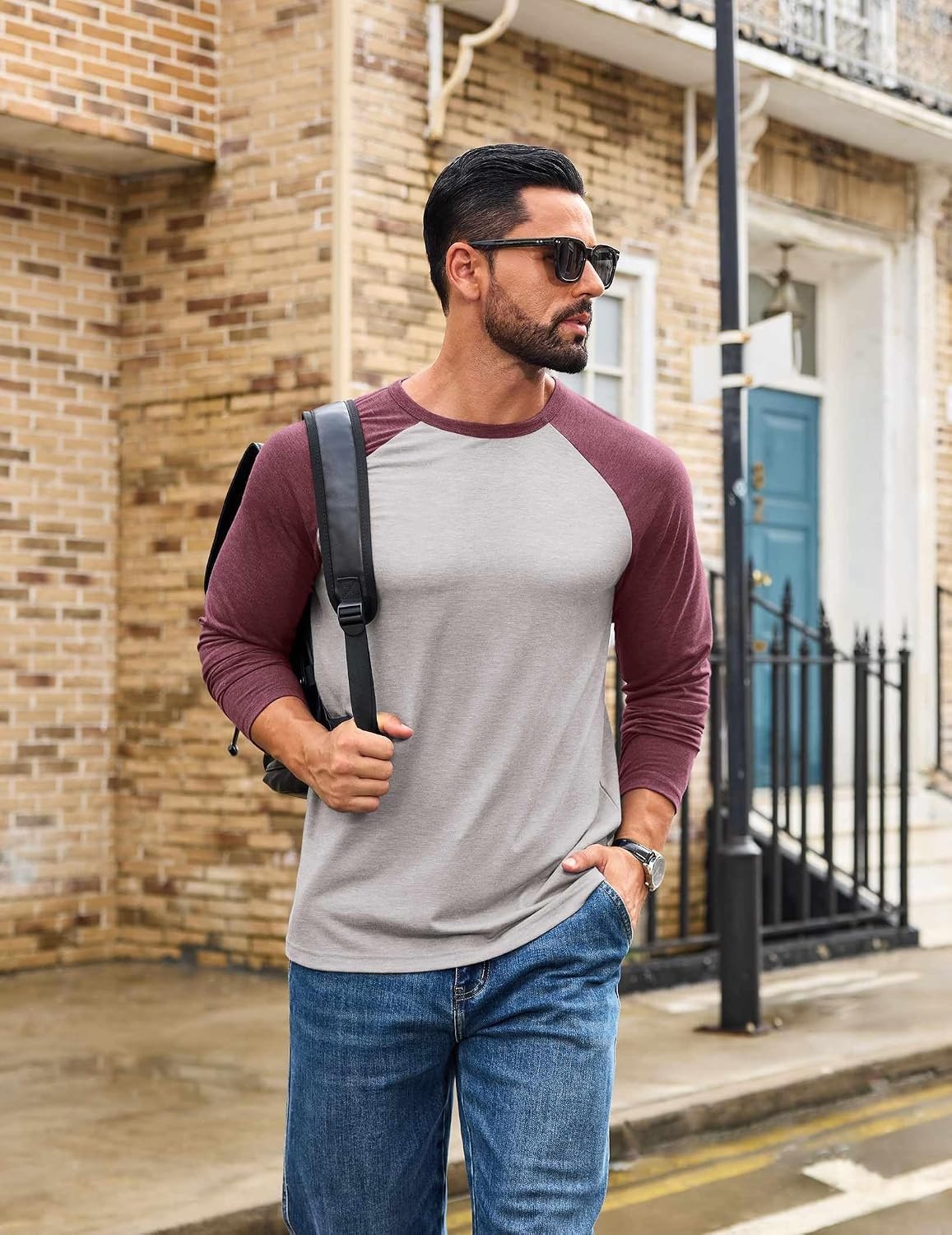 image:imageCOOFANDY Mens Long Sleeve Tee Shirts Casual Crewneck Raglan TShirts Stretchy Baseball Pullover TeeLight Gray