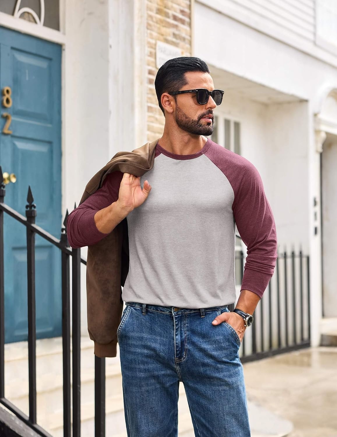 image:imageCOOFANDY Mens Long Sleeve Tee Shirts Casual Crewneck Raglan TShirts Stretchy Baseball Pullover TeeLight Gray