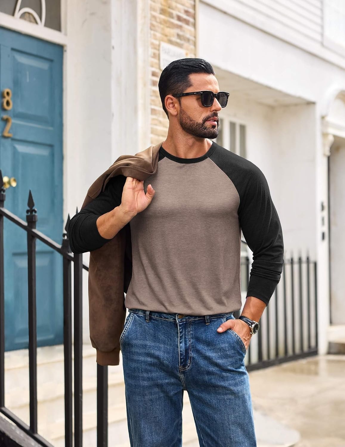 image:imageCOOFANDY Mens Long Sleeve Tee Shirts Casual Crewneck Raglan TShirts Stretchy Baseball Pullover TeeMoon Grey
