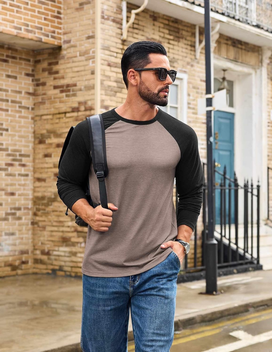 image:imageCOOFANDY Mens Long Sleeve Tee Shirts Casual Crewneck Raglan TShirts Stretchy Baseball Pullover TeeMoon Grey