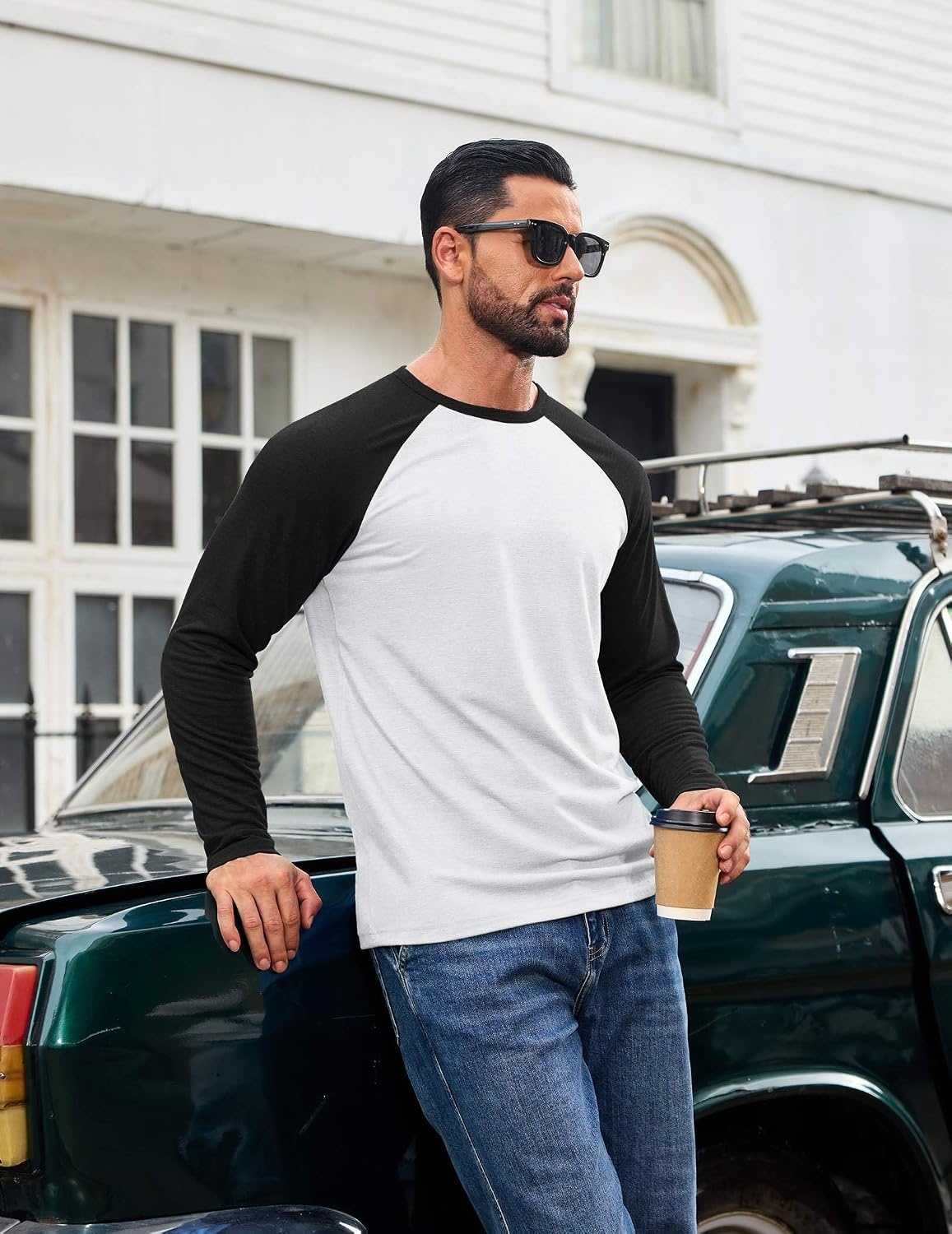 image:imageCOOFANDY Mens Long Sleeve Tee Shirts Casual Crewneck Raglan TShirts Stretchy Baseball Pullover TeeWhite