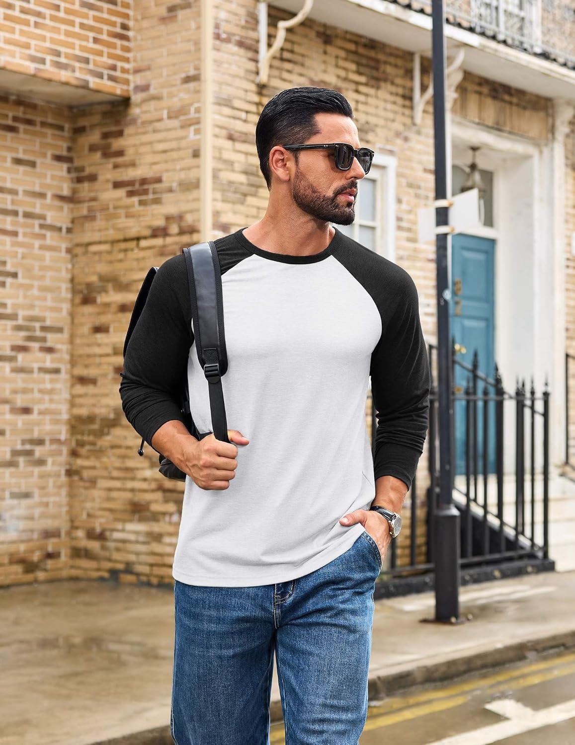 image:imageCOOFANDY Mens Long Sleeve Tee Shirts Casual Crewneck Raglan TShirts Stretchy Baseball Pullover TeeWhite