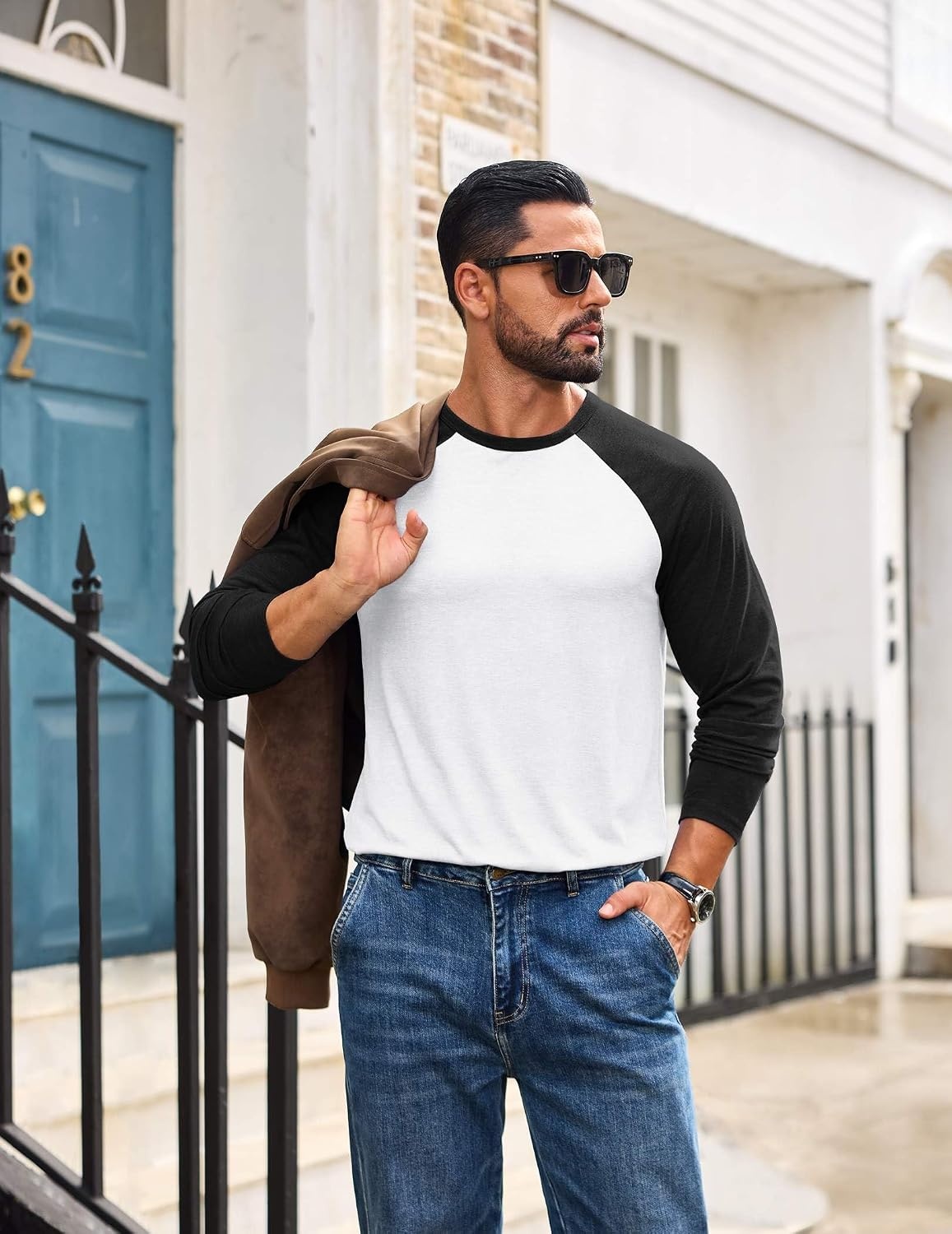 image:imageCOOFANDY Mens Long Sleeve Tee Shirts Casual Crewneck Raglan TShirts Stretchy Baseball Pullover TeeWhite