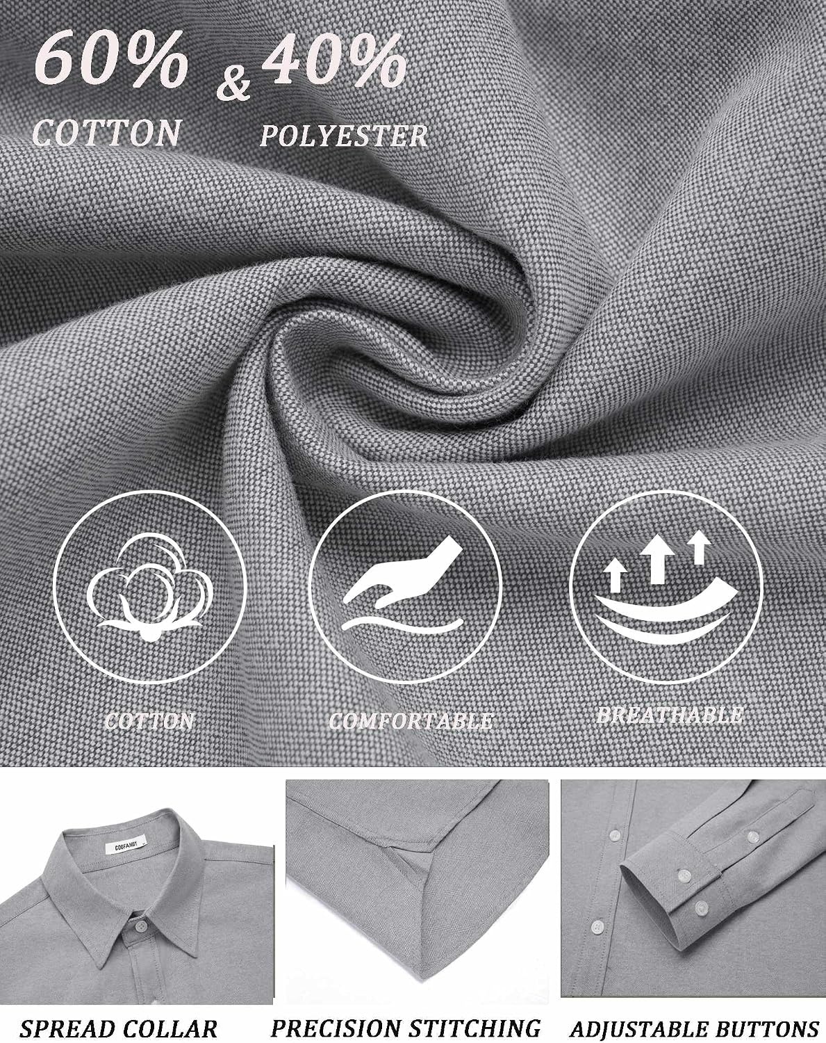 image:imageCOOFANDY Mens Oxford Shirt Cotton Long Sleeve RegularFit Dress Shirt Wrinkle Free Casual Button Down ShirtsLight Gray