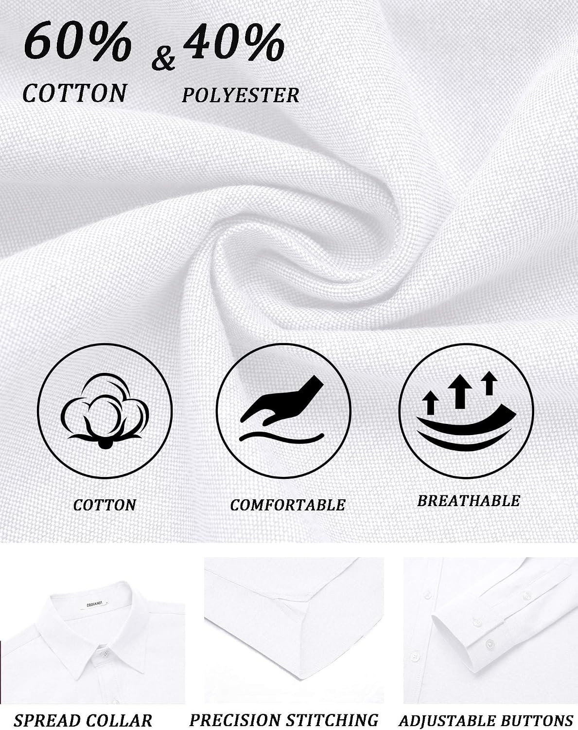 image:imageCOOFANDY Mens Oxford Shirt Cotton Long Sleeve RegularFit Dress Shirt Wrinkle Free Casual Button Down ShirtsWhite