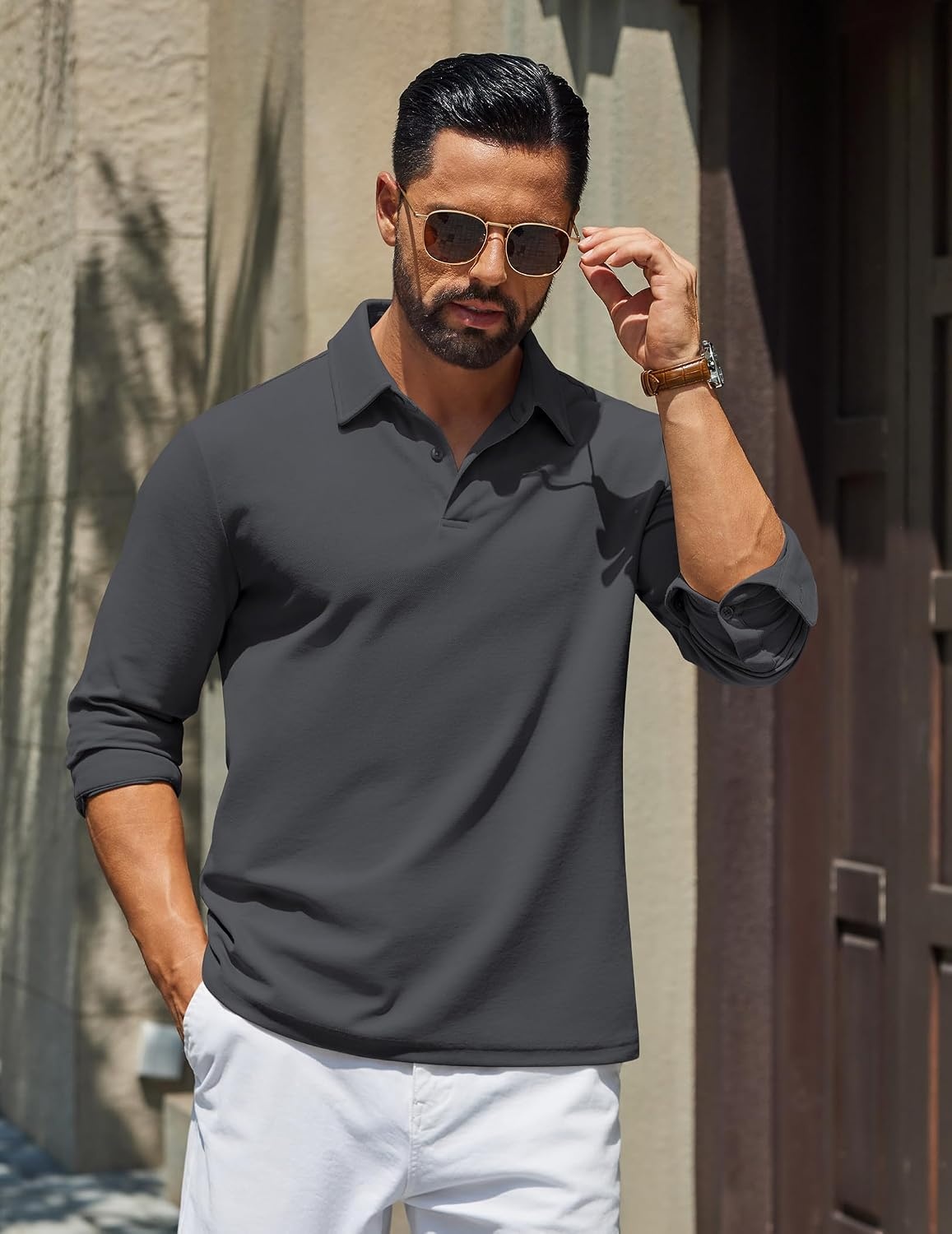 image:imageCOOFANDY Mens Polo Shirts Long Sleeve Cotton Pique Casual Button Polo TeeDark Grey