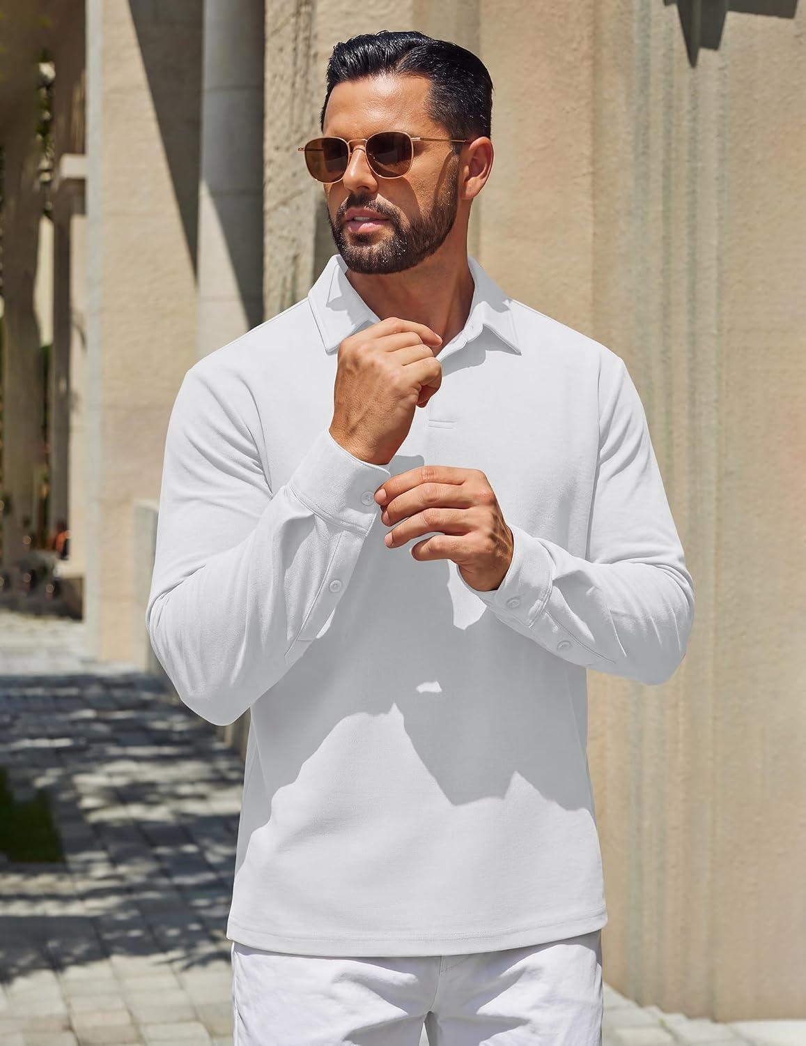 image:imageCOOFANDY Mens Polo Shirts Long Sleeve Cotton Pique Casual Button Polo TeeWhite