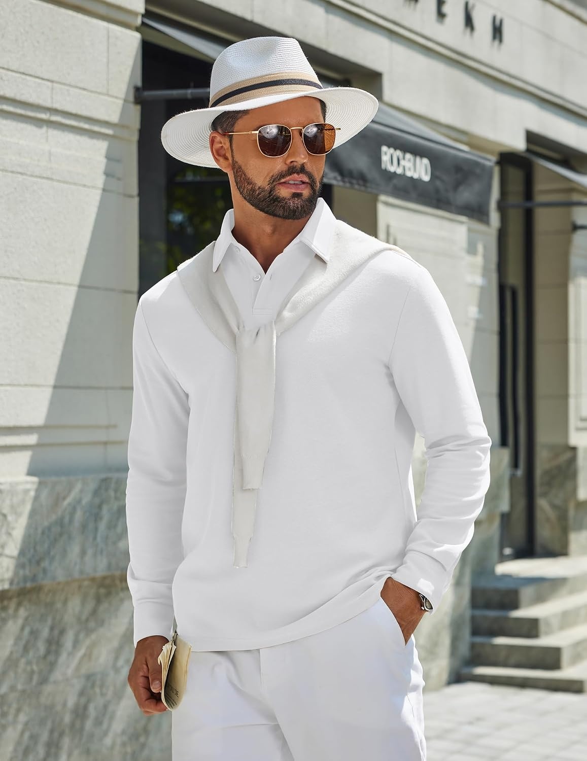 image:imageCOOFANDY Mens Polo Shirts Long Sleeve Cotton Pique Casual Button Polo TeeWhite