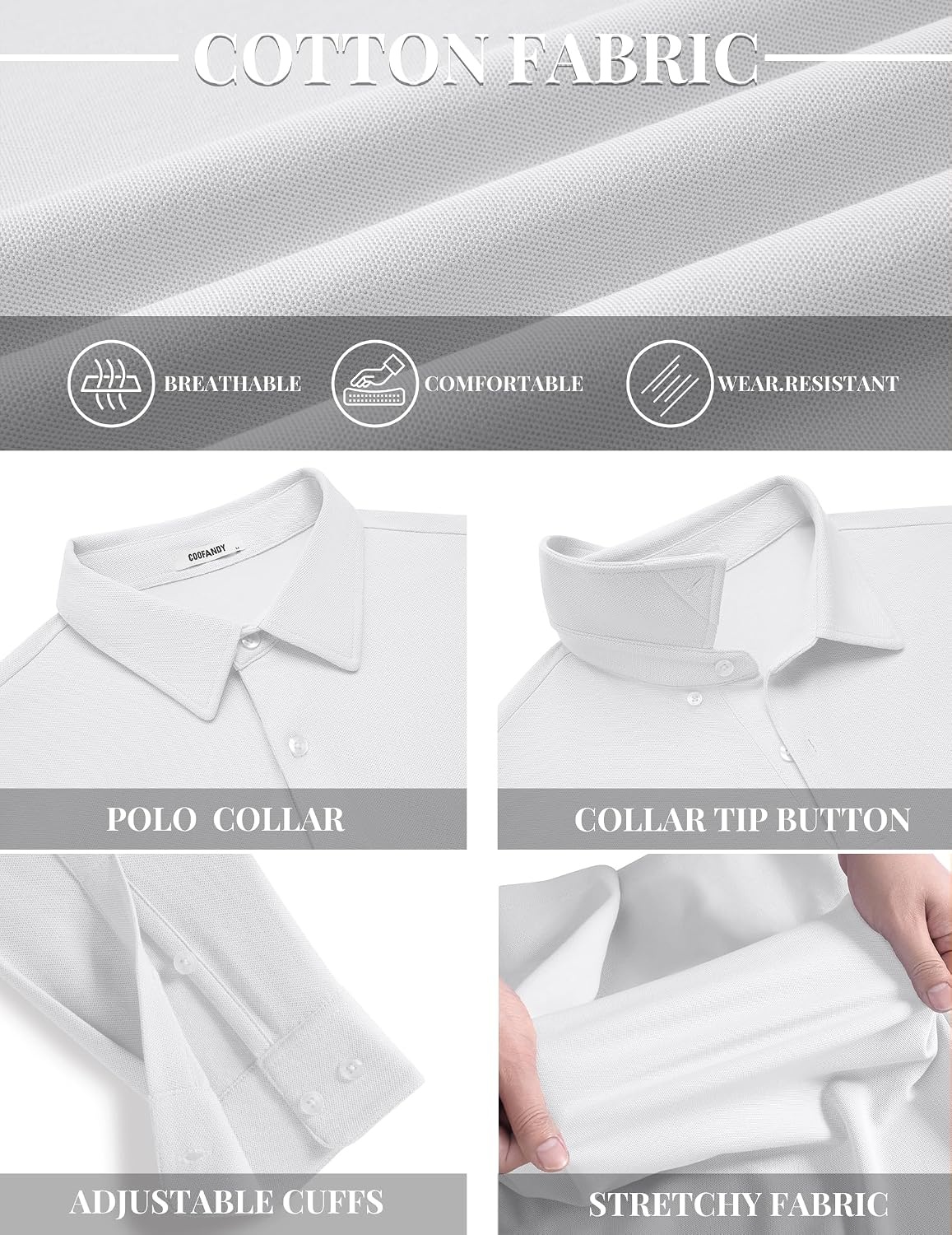 image:imageCOOFANDY Mens Polo Shirts Long Sleeve Cotton Pique Casual Button Polo TeeWhite