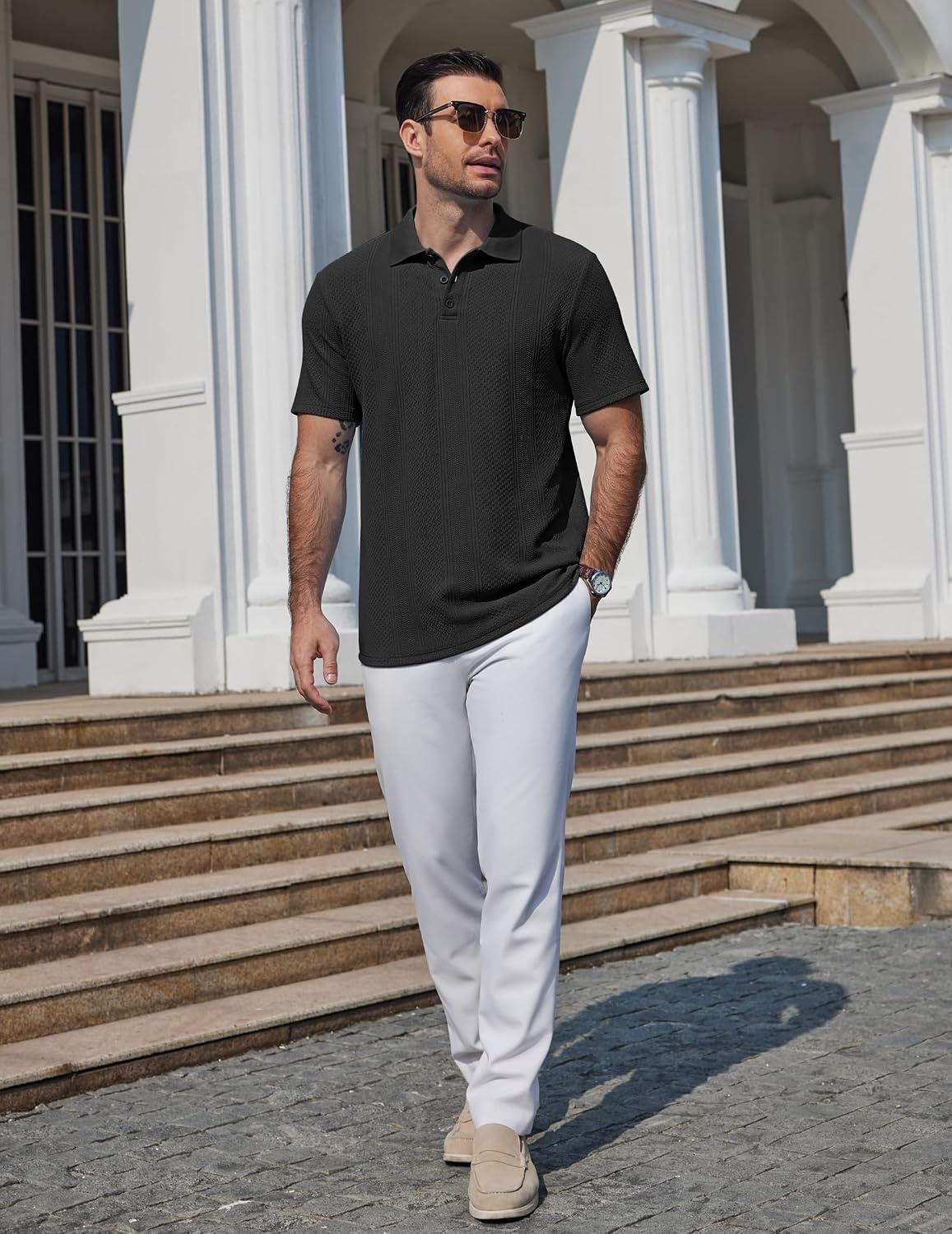 image:imageCOOFANDY Mens Polo Shirts Short Sleeve Casual Knit Textured Summer Shirt01black