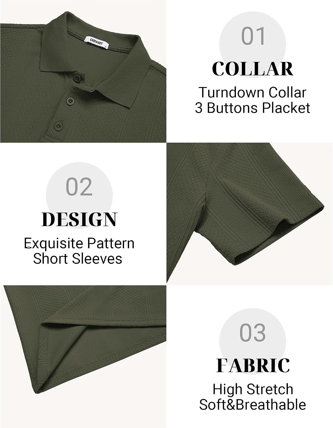 image:imageCOOFANDY Mens Polo Shirts Short Sleeve Casual Knit Textured Summer ShirtDark Army Green