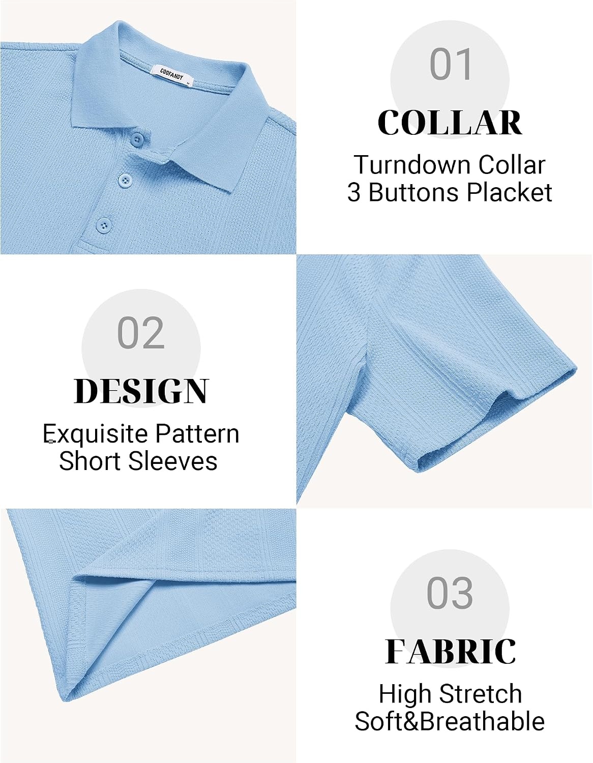 image:imageCOOFANDY Mens Polo Shirts Short Sleeve Casual Knit Textured Summer ShirtLight Blue