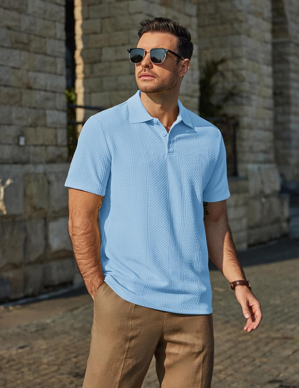 image:imageCOOFANDY Mens Polo Shirts Short Sleeve Casual Knit Textured Summer ShirtLight Blue