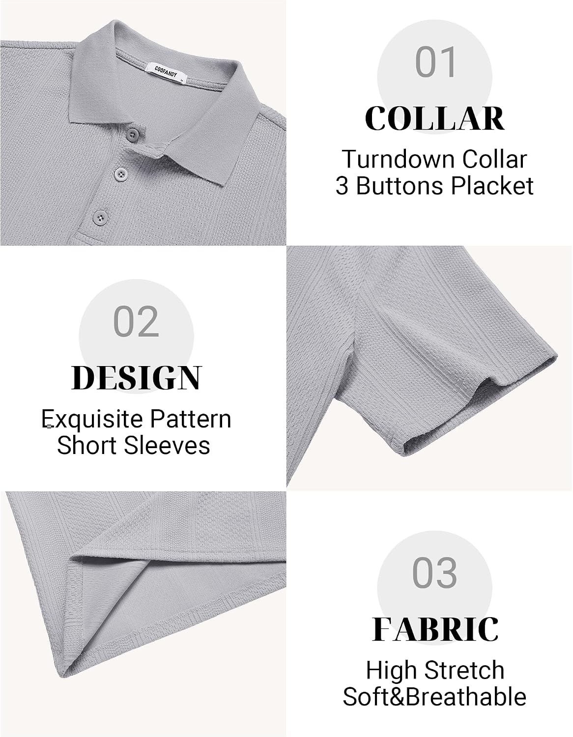 image:imageCOOFANDY Mens Polo Shirts Short Sleeve Casual Knit Textured Summer ShirtLight Grey