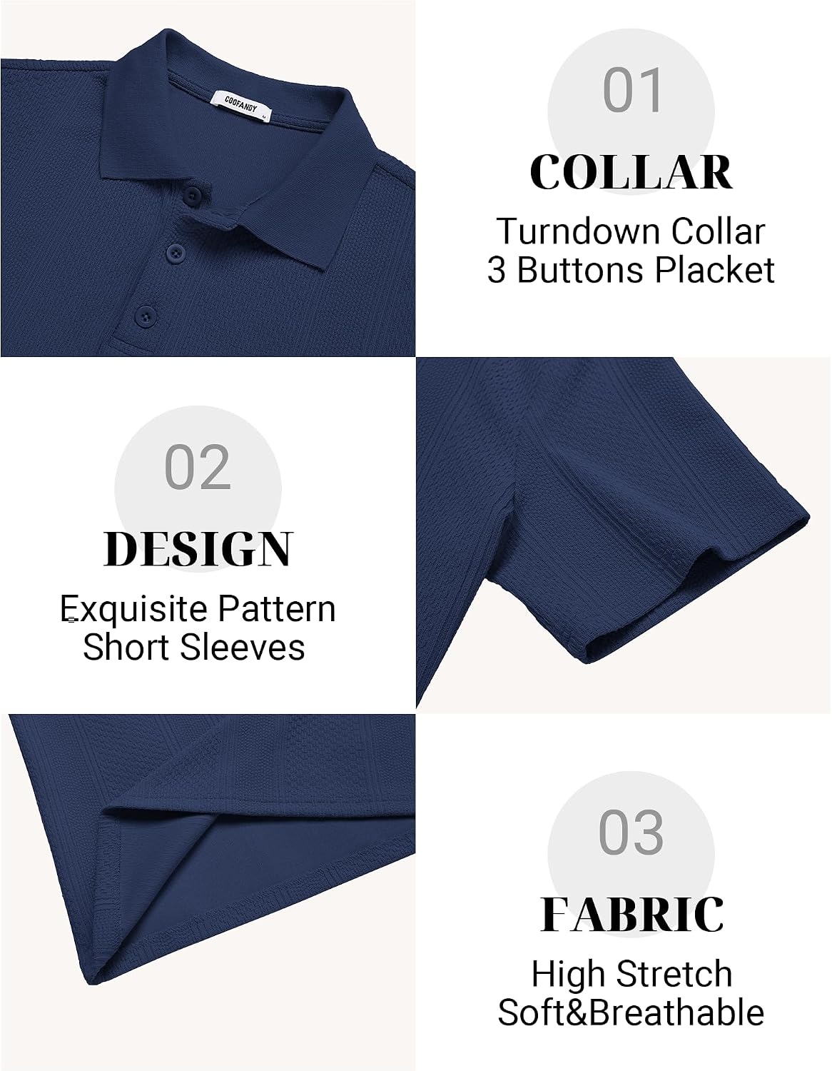 image:imageCOOFANDY Mens Polo Shirts Short Sleeve Casual Knit Textured Summer ShirtNavy Blue