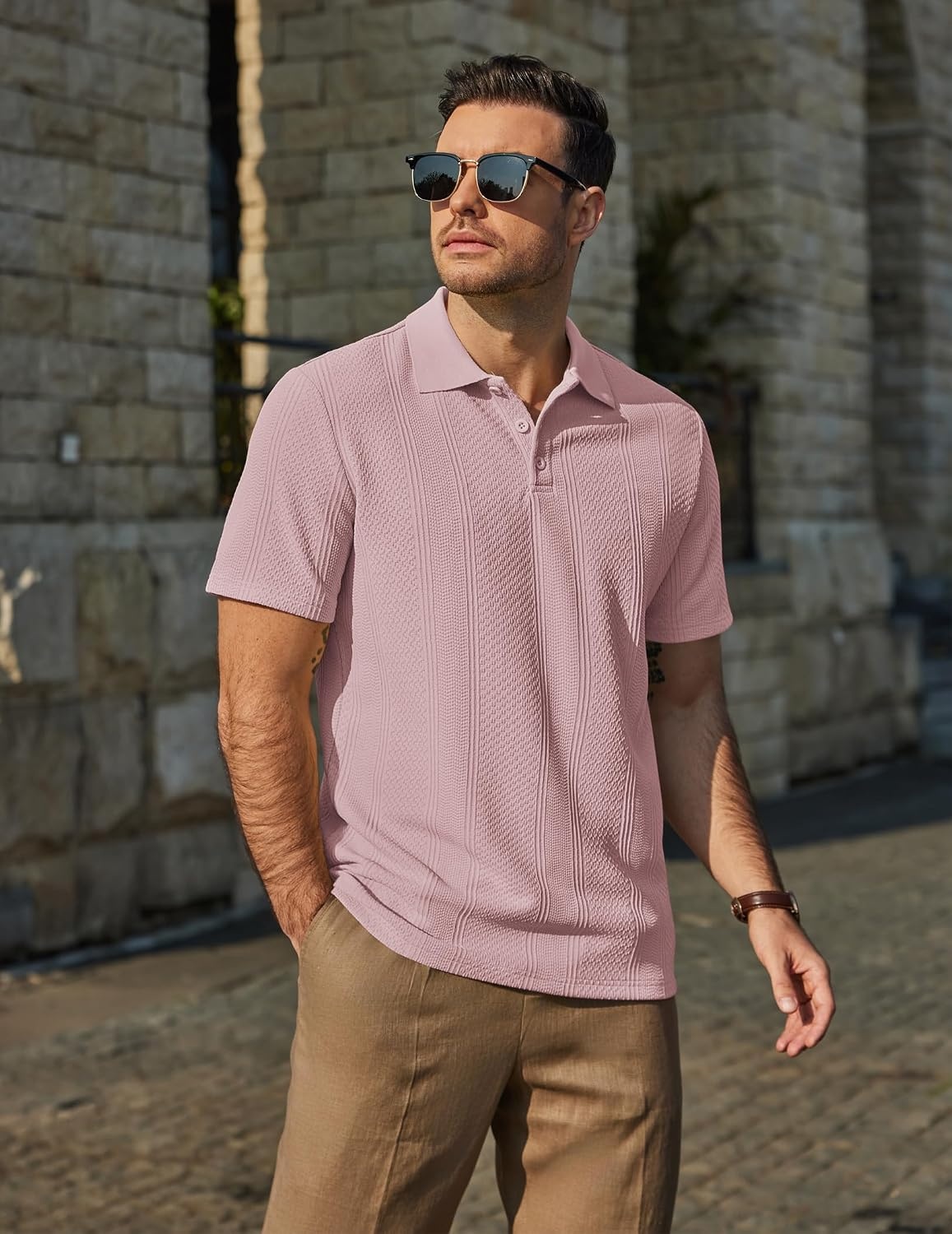 image:imageCOOFANDY Mens Polo Shirts Short Sleeve Casual Knit Textured Summer ShirtPink