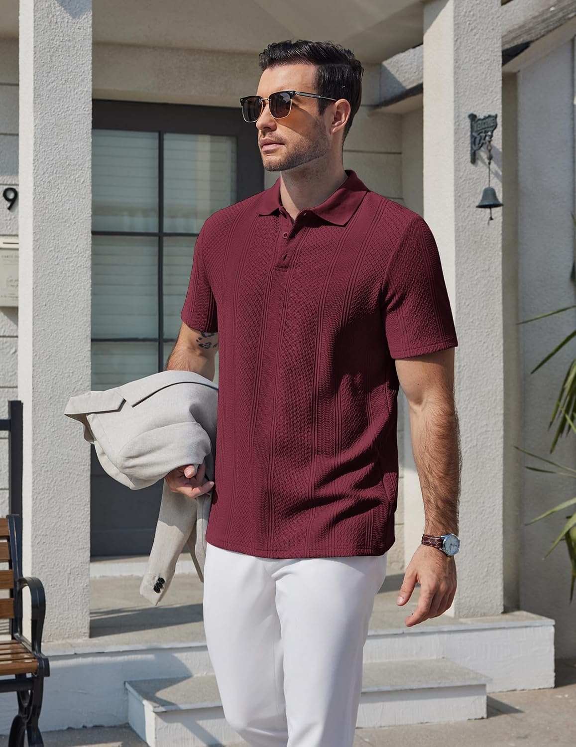 image:imageCOOFANDY Mens Polo Shirts Short Sleeve Casual Knit Textured Summer ShirtWine Red
