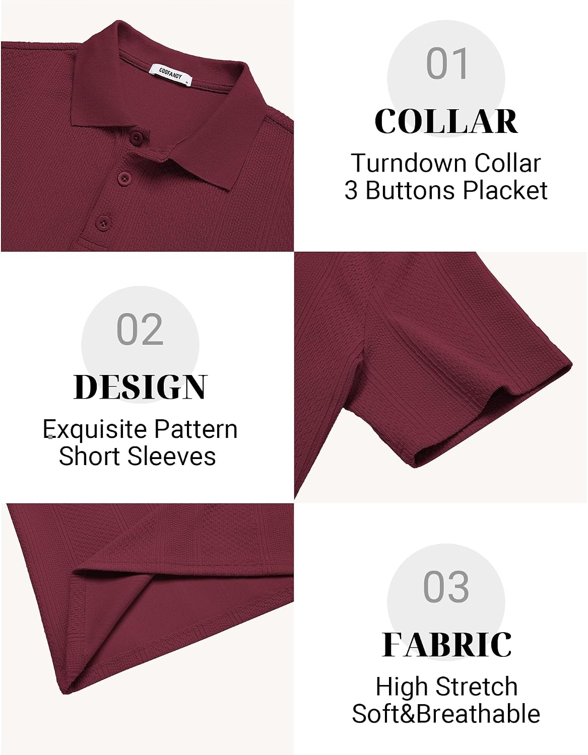 image:imageCOOFANDY Mens Polo Shirts Short Sleeve Casual Knit Textured Summer ShirtWine Red