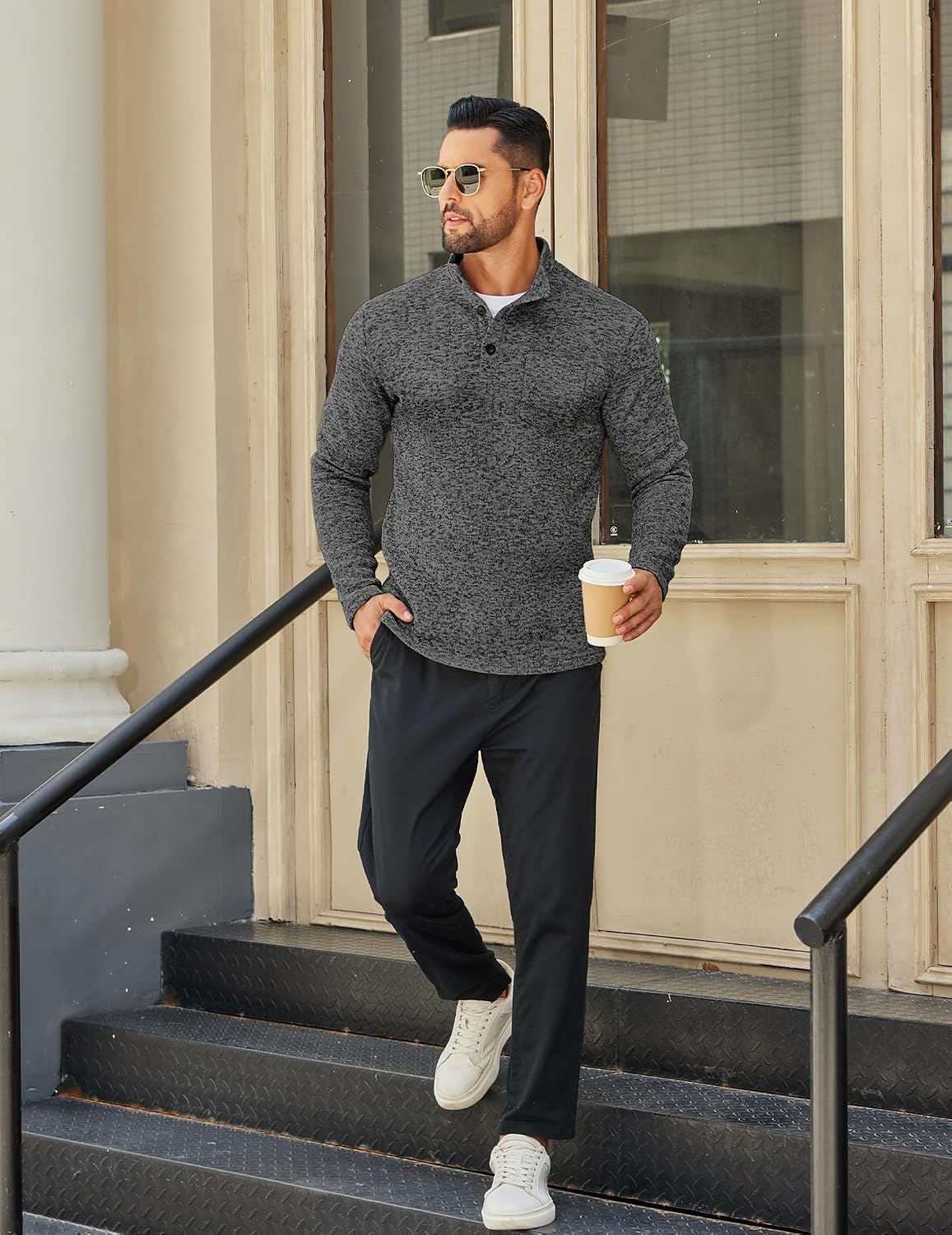 image:imageCOOFANDY Mens Quarter Button Pullover Sweater Mock Neck Thermal FleeceDark Grey