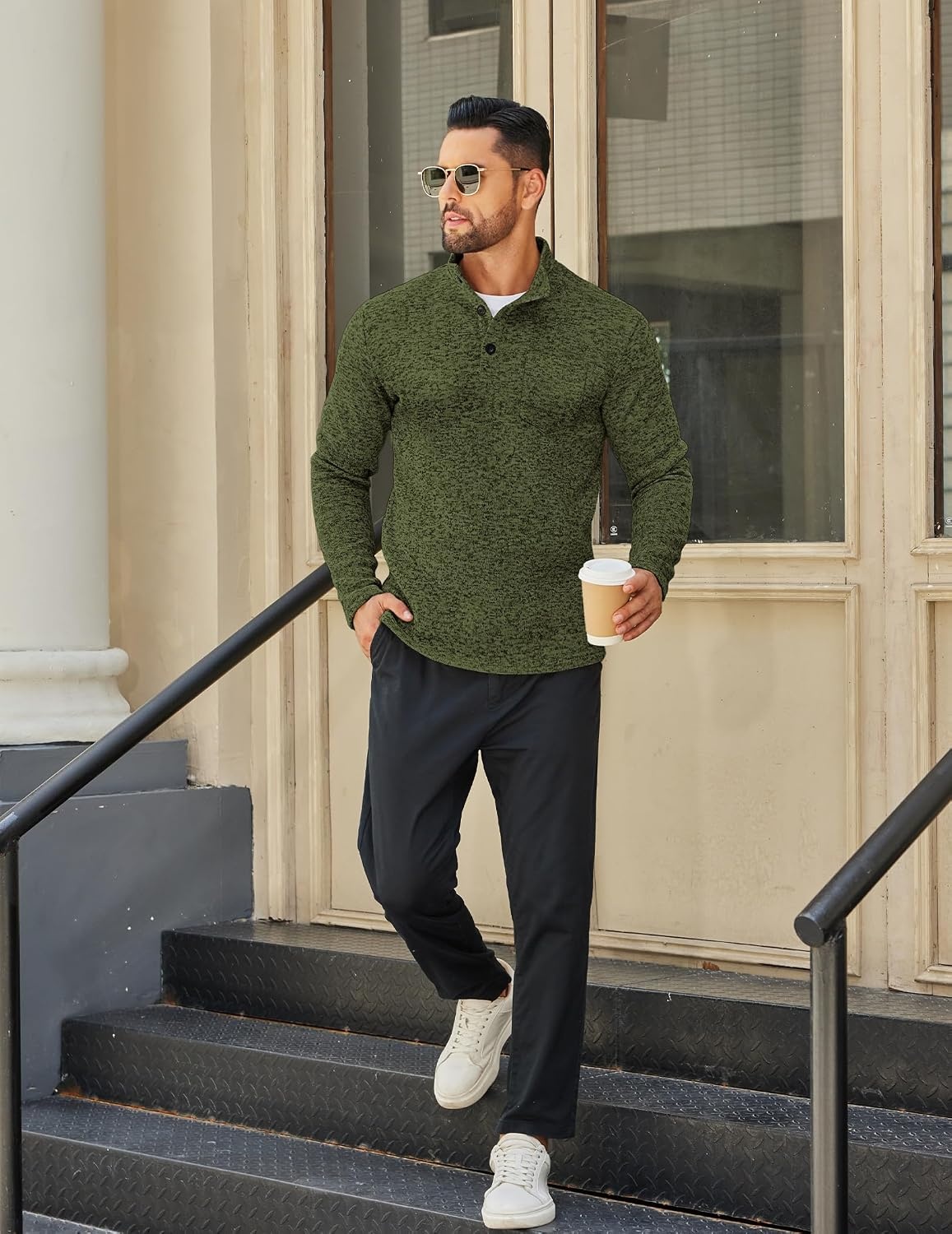 image:imageCOOFANDY Mens Quarter Button Pullover Sweater Mock Neck Thermal FleeceGreen Black Jasper