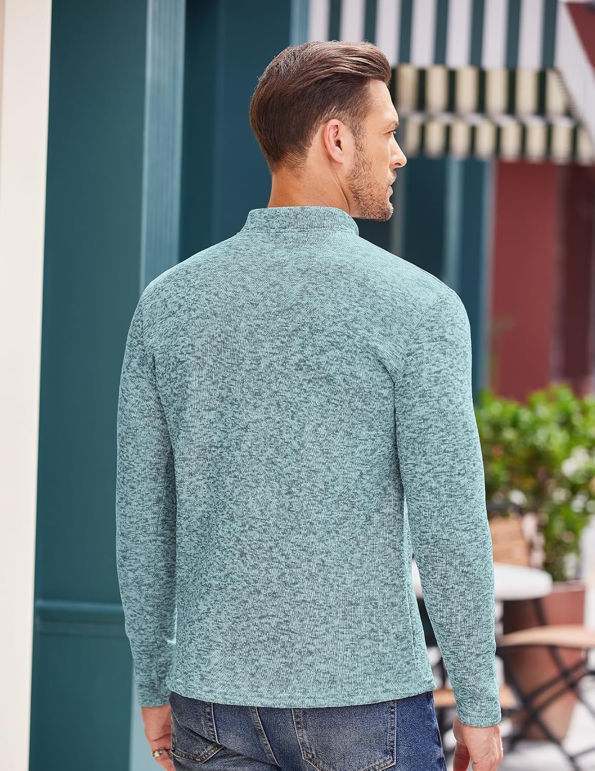 image:imageCOOFANDY Mens Quarter Button Pullover Sweater Mock Neck Thermal FleeceLight Green and White