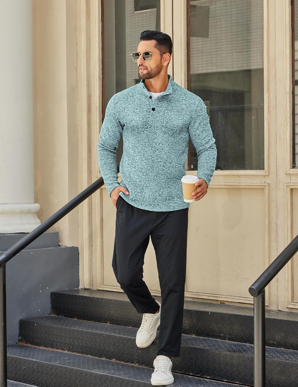 image:imageCOOFANDY Mens Quarter Button Pullover Sweater Mock Neck Thermal FleeceLight Green and White