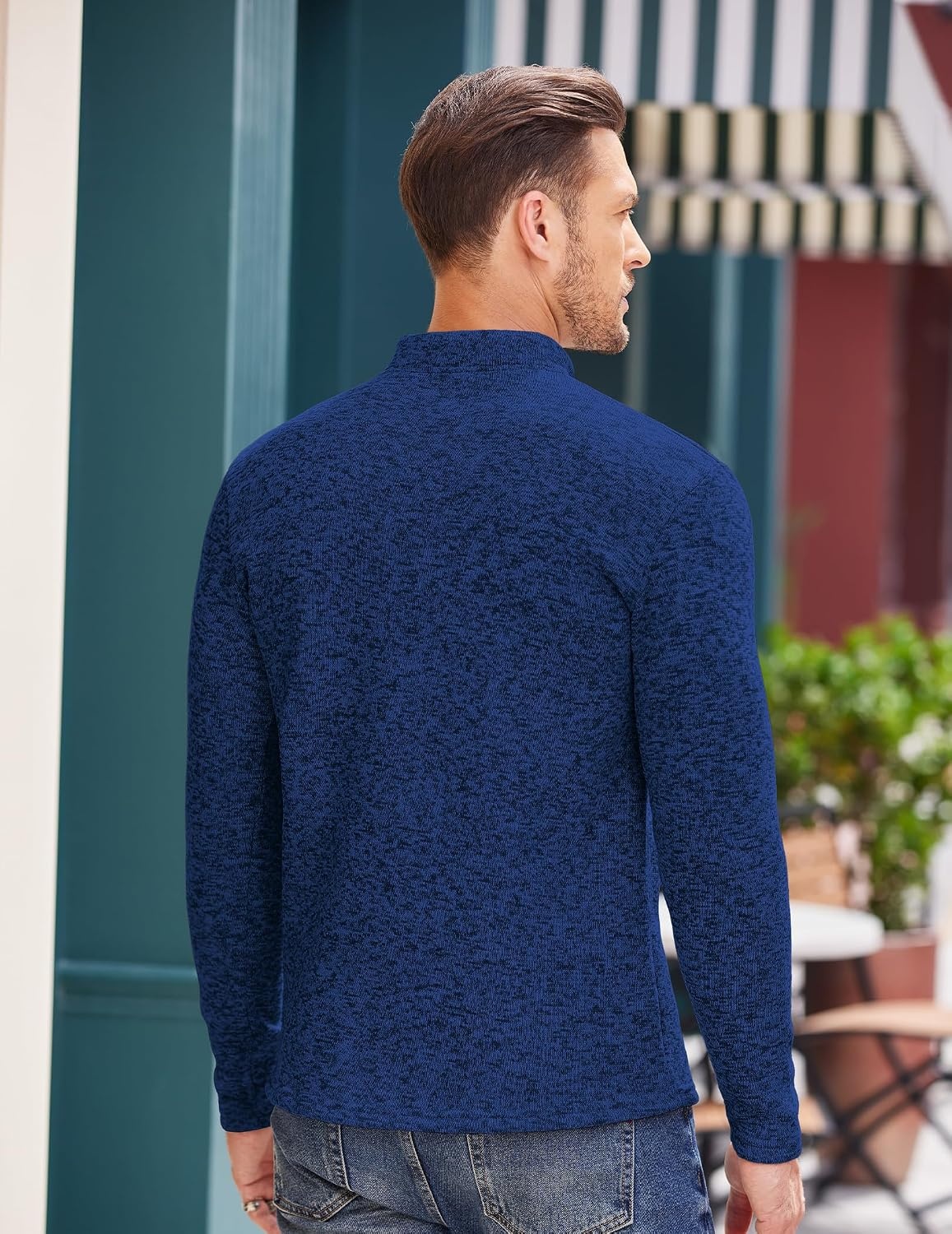 image:imageCOOFANDY Mens Quarter Button Pullover Sweater Mock Neck Thermal FleeceNavy Blue