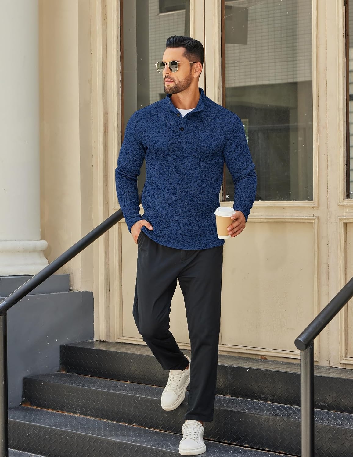 image:imageCOOFANDY Mens Quarter Button Pullover Sweater Mock Neck Thermal FleeceNavy Blue