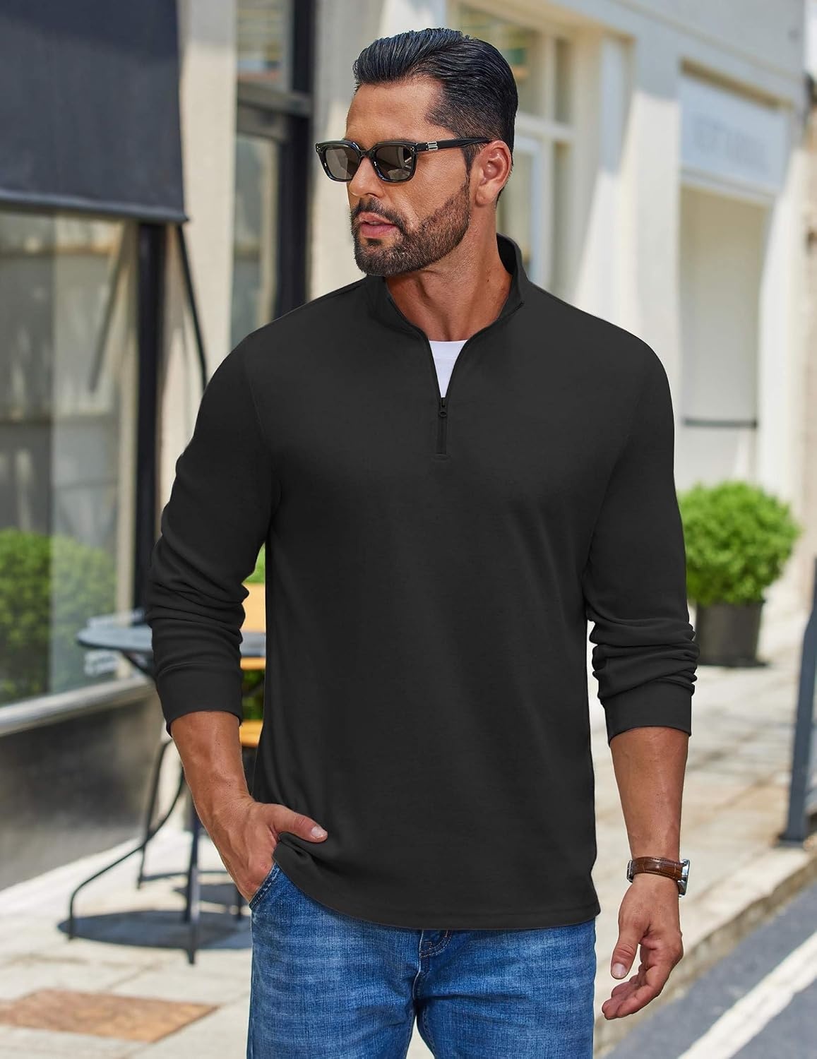 image:imageCOOFANDY Mens Quarter Zip Pullover Casual Long Sleeve Knit Mock Neck Sweatshirt Lightweight Polo SweaterBlack