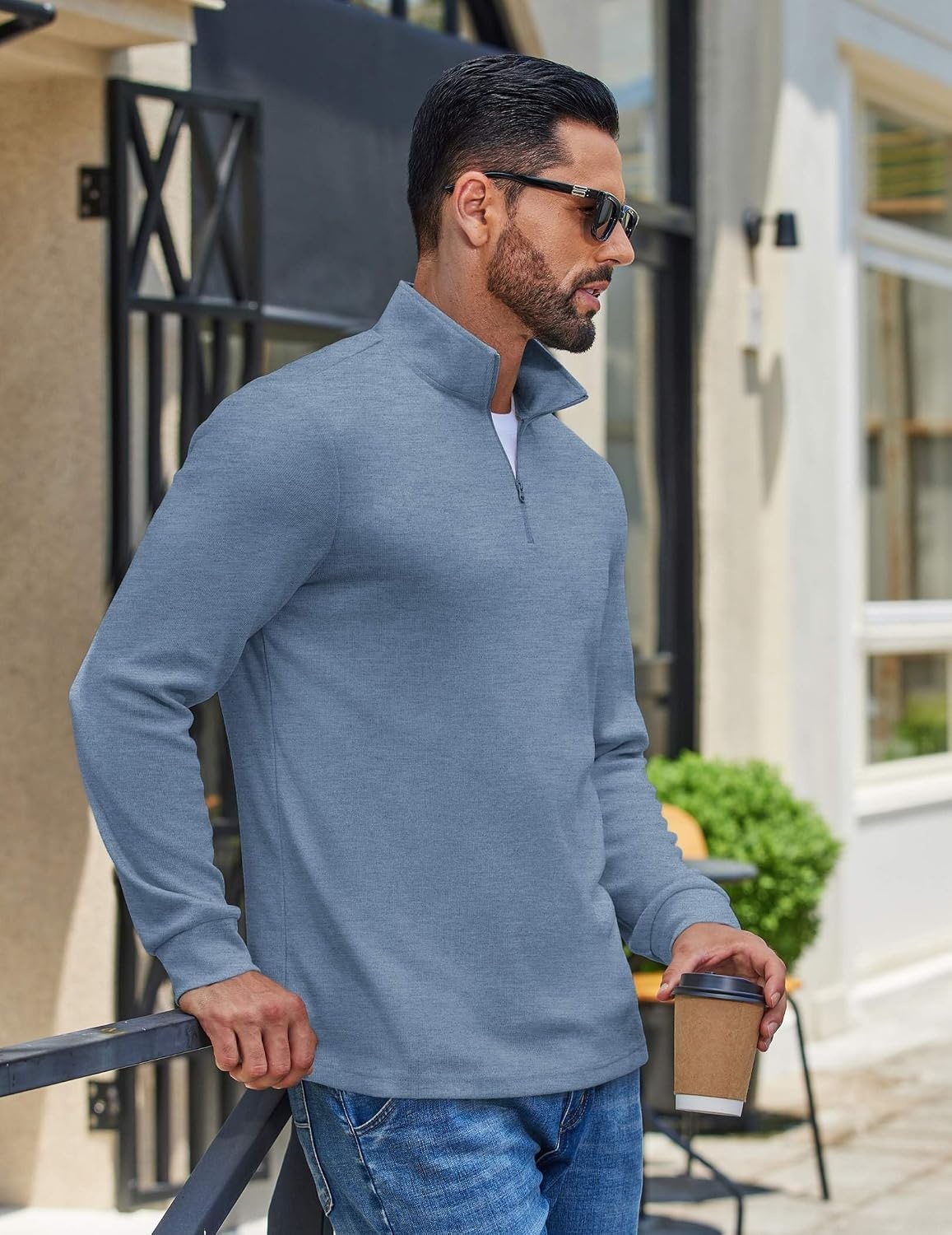 image:imageCOOFANDY Mens Quarter Zip Pullover Casual Long Sleeve Knit Mock Neck Sweatshirt Lightweight Polo SweaterDusty Blue