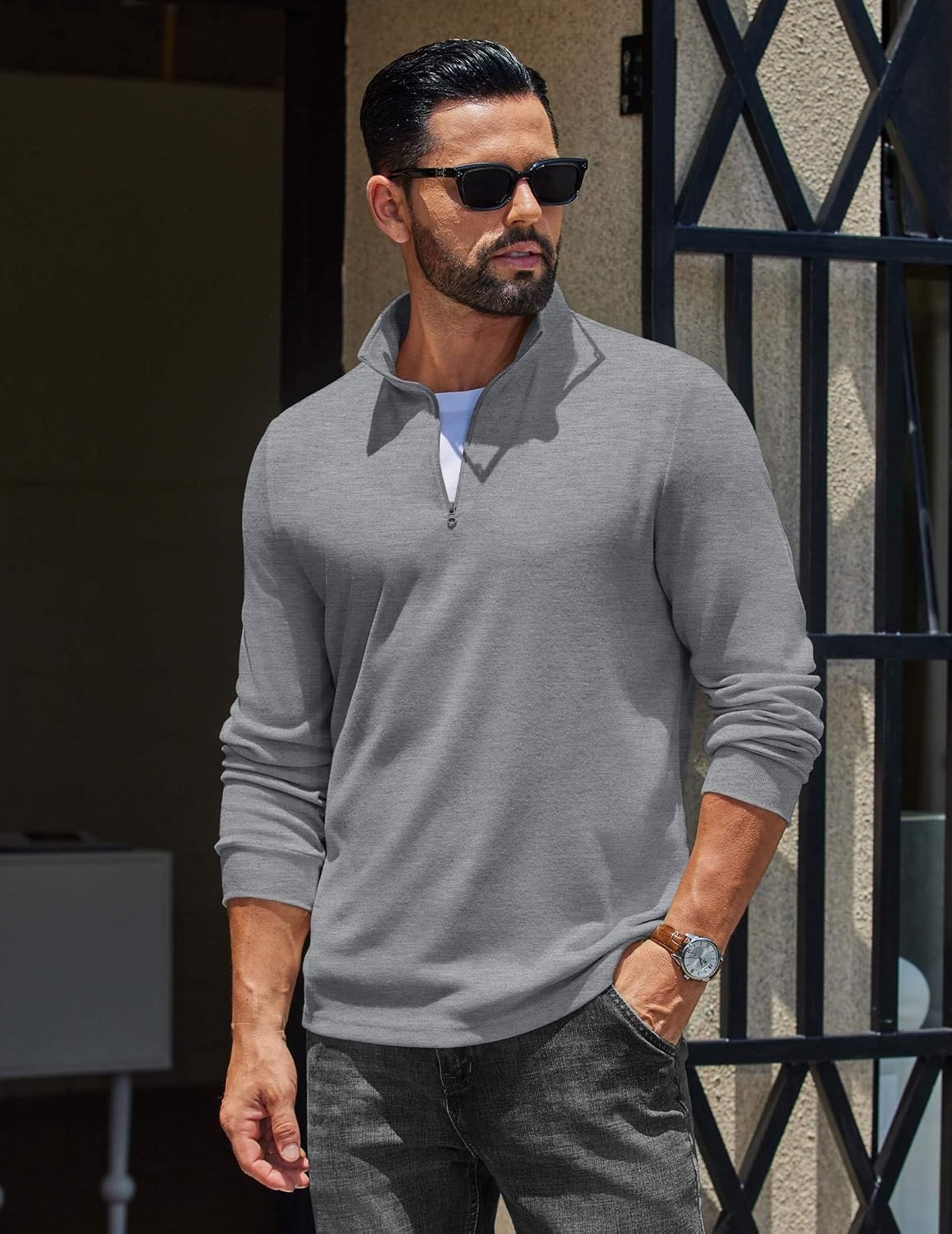 image:imageCOOFANDY Mens Quarter Zip Pullover Casual Long Sleeve Knit Mock Neck Sweatshirt Lightweight Polo SweaterLight Gray
