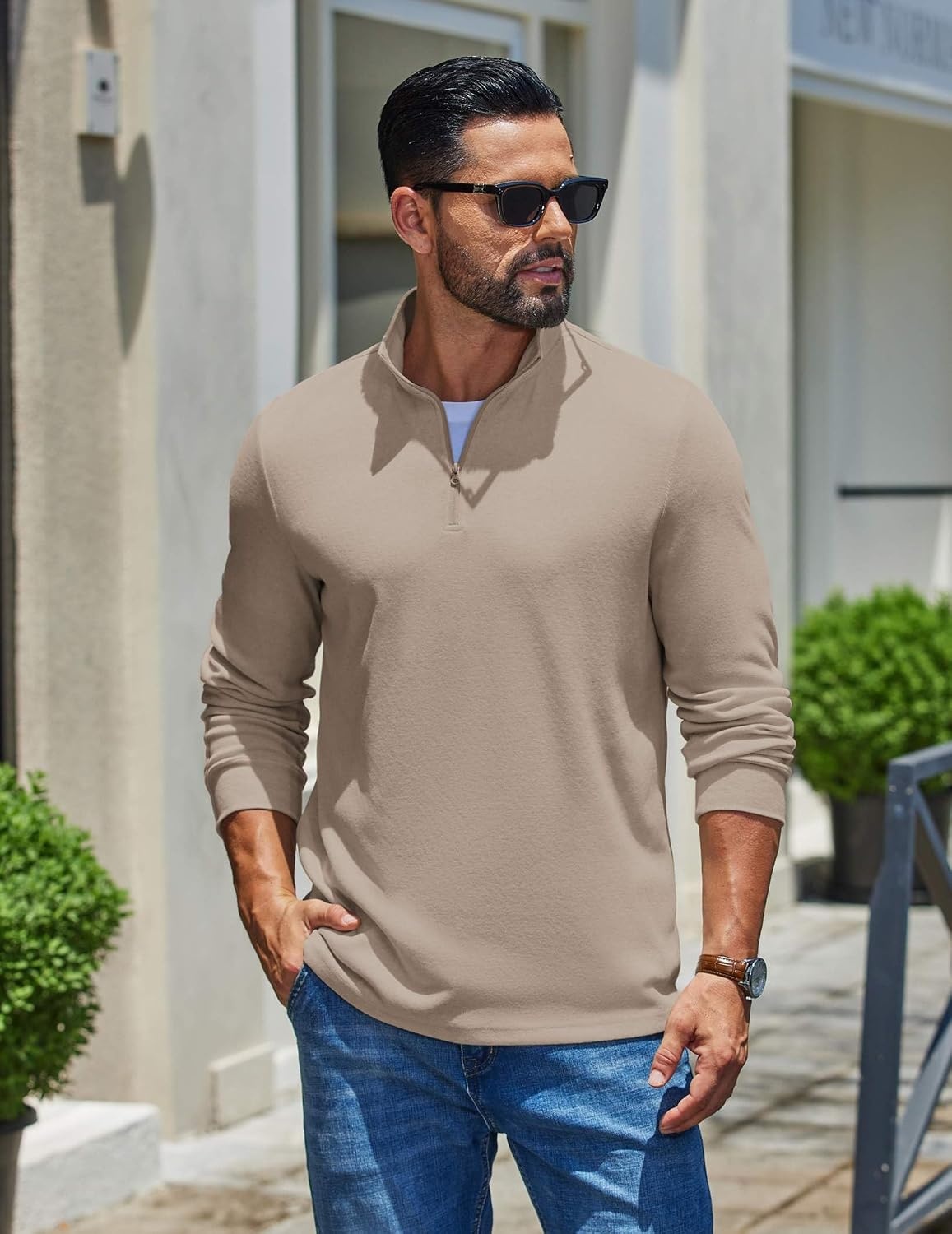 image:imageCOOFANDY Mens Quarter Zip Pullover Casual Long Sleeve Knit Mock Neck Sweatshirt Lightweight Polo SweaterMoon Gray