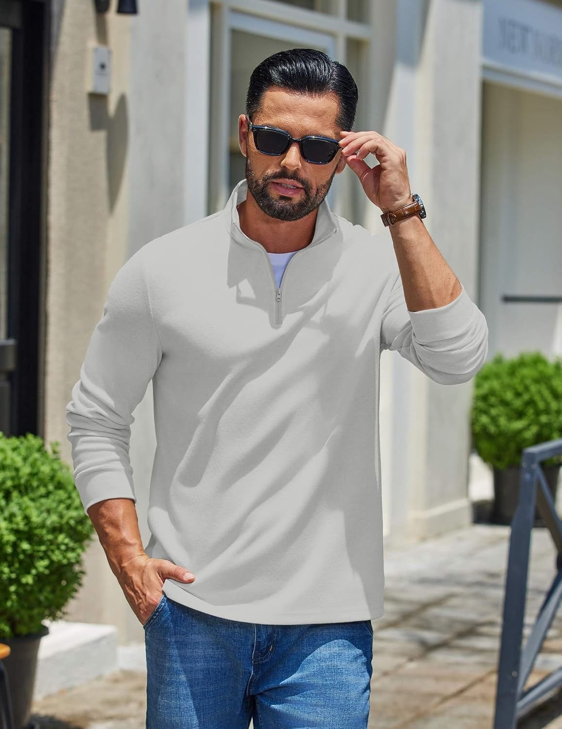 image:imageCOOFANDY Mens Quarter Zip Pullover Casual Long Sleeve Knit Mock Neck Sweatshirt Lightweight Polo SweaterWhite