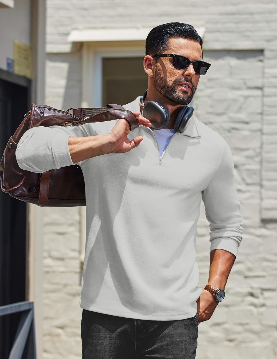 image:imageCOOFANDY Mens Quarter Zip Pullover Casual Long Sleeve Knit Mock Neck Sweatshirt Lightweight Polo SweaterWhite