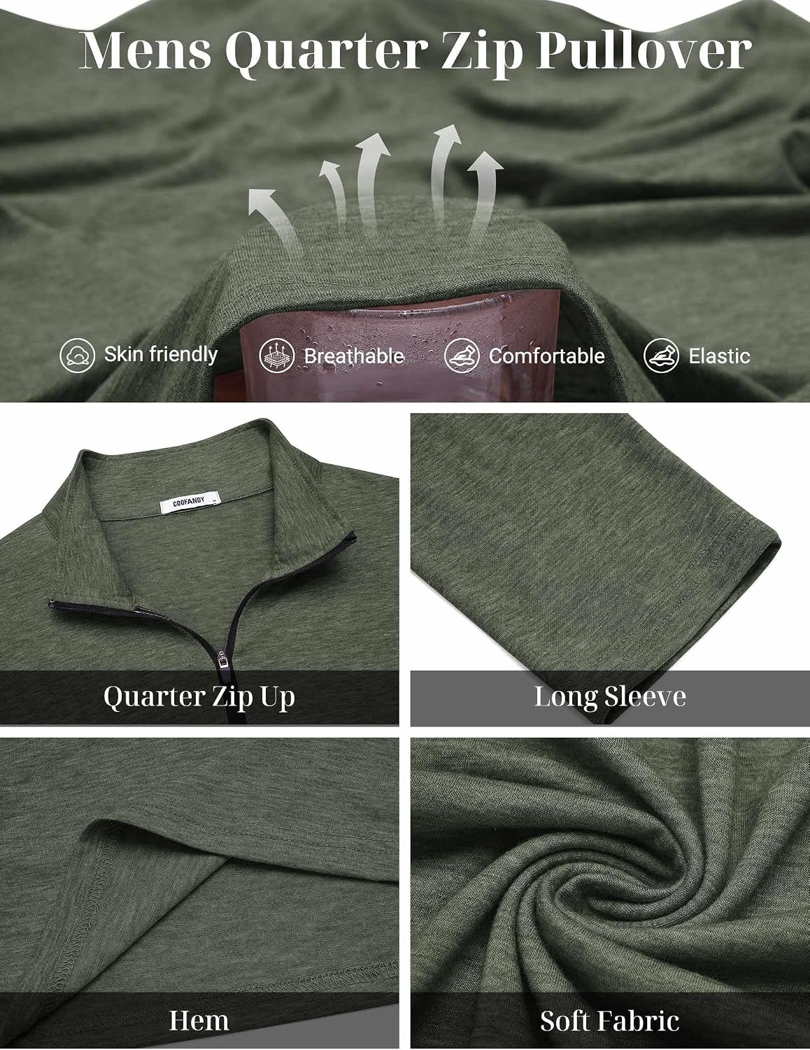 image:imageCOOFANDY Mens Quarter Zip Pullover Long Sleeve Golf Pullover LightweightDark Green