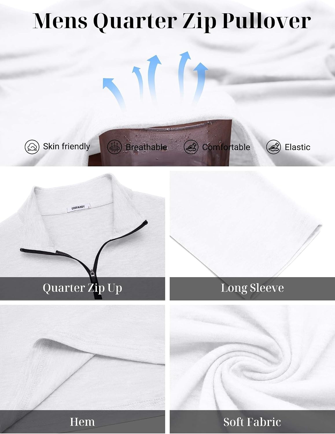 image:imageCOOFANDY Mens Quarter Zip Pullover Long Sleeve Golf Pullover LightweightWhite